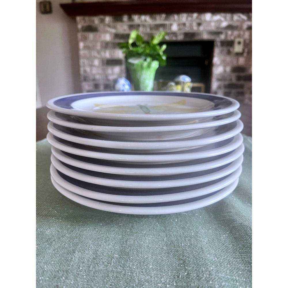 Super Rare Pfaltzgraff Mexico Dragonfly Salad Plates Set of 8 Blue White Vintage - Picture 2 of 5